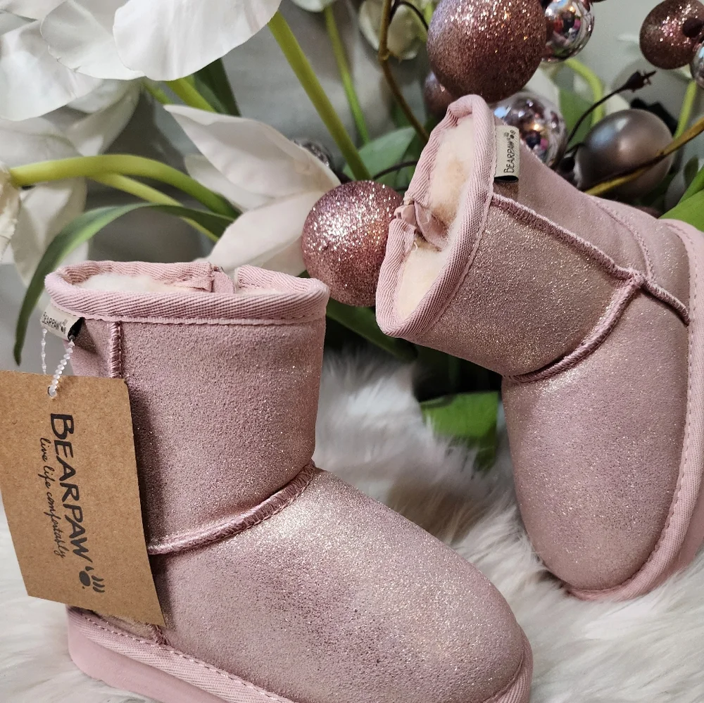 BEARPAW Elle Exotic Youth Classic Suede Pink Glitter boots new